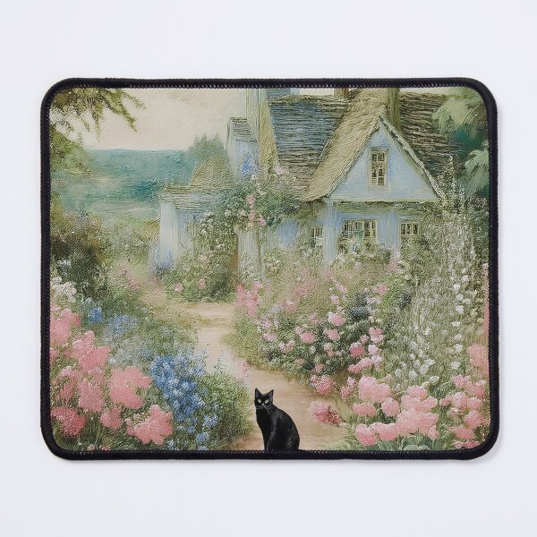 Item preview, Charming Cottage Garden with Black Cat, Vintage Countryside Artwork, English Cottage Illustration, Romantic Flower Pathway, Whimsical Black Cat Art, Floral Nature Scene, Pastel Landscape Painting, designed and sold by Kina-design.