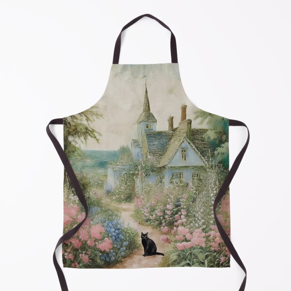 Item preview, Charming Cottage Garden with Black Cat, Vintage Countryside Artwork, English Cottage Illustration, Romantic Flower Pathway, Whimsical Black Cat Art, Floral Nature Scene, Pastel Landscape Painting, designed and sold by Kina-design.