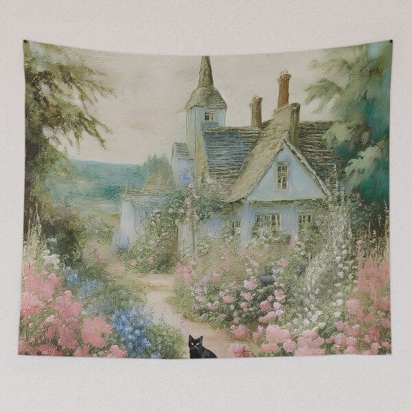 Item preview, Charming Cottage Garden with Black Cat, Vintage Countryside Artwork, English Cottage Illustration, Romantic Flower Pathway, Whimsical Black Cat Art, Floral Nature Scene, Pastel Landscape Painting, designed and sold by Kina-design.