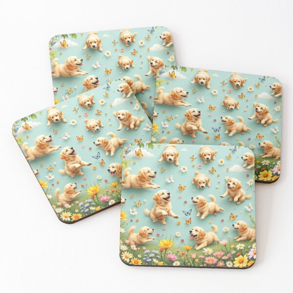 Item preview, A playful 3D pattern background featuring Golden Retrievers frolicking in a sunny park,surrounded by flowers and butterflies,ideal for cheerful pet-themed designs. designed and sold by AlwaysHome.