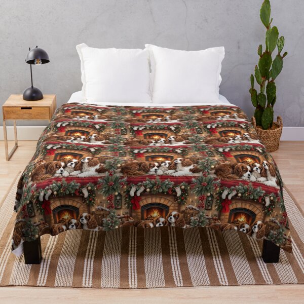Item preview, A cozy 3D pattern background showcasing Cavalier King Charles Spaniels snuggling by the fireplace,surrounded by holiday decorations,perfect for winter-themed designs. designed and sold by AlwaysHome.