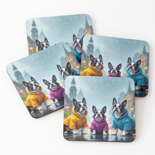 Item preview, A delightful 3D pattern background featuring Boston Terriers in colorful raincoats,set against a rainy cityscape,ideal for playful pet-themed projects. designed and sold by AlwaysHome.