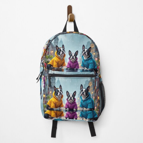 Item preview, A delightful 3D pattern background featuring Boston Terriers in colorful raincoats,set against a rainy cityscape,ideal for playful pet-themed projects. designed and sold by AlwaysHome.