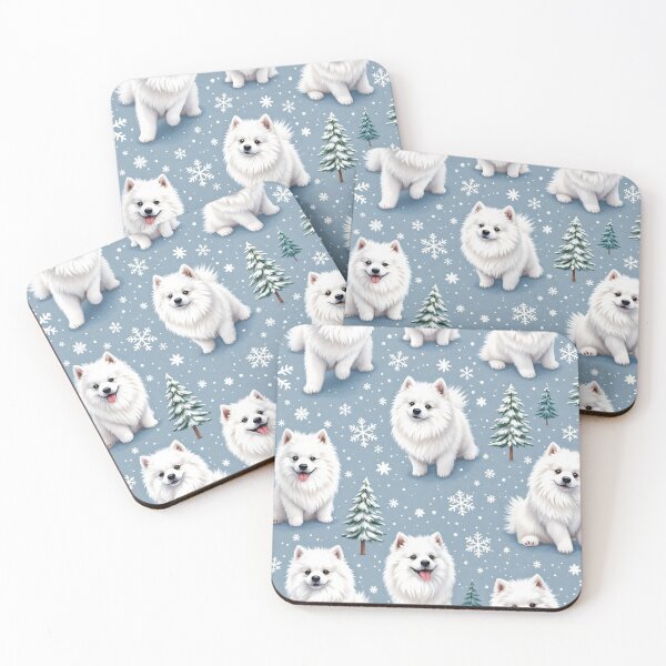 Item preview, An adorable 3D pattern background showcasing Samoyeds with snowy backgrounds,surrounded by snowflakes and winter trees,perfect for winter-themed pet designs. designed and sold by AlwaysHome.