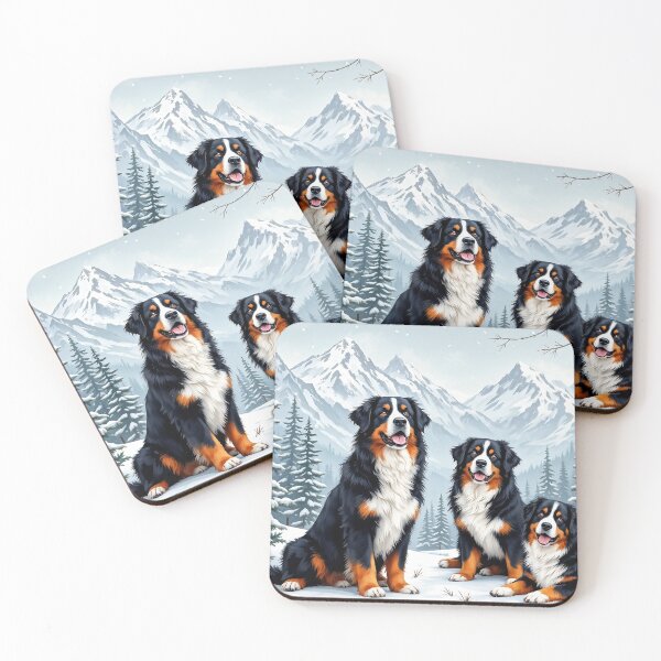 Item preview, A charming 3D pattern background showcasing Bernese Mountain Dogs in snowy mountains,surrounded by pine trees,perfect for winter outdoor-themed designs. designed and sold by AlwaysHome.
