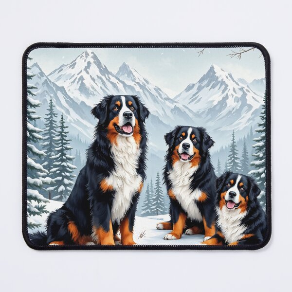 Item preview, A charming 3D pattern background showcasing Bernese Mountain Dogs in snowy mountains,surrounded by pine trees,perfect for winter outdoor-themed designs. designed and sold by AlwaysHome.
