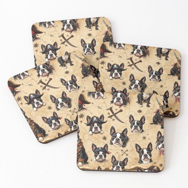 Item preview, A playful 3D pattern background featuring Boston Terriers dressed as pirates,set against a treasure map,ideal for adventurous pet-themed products. designed and sold by AlwaysHome.