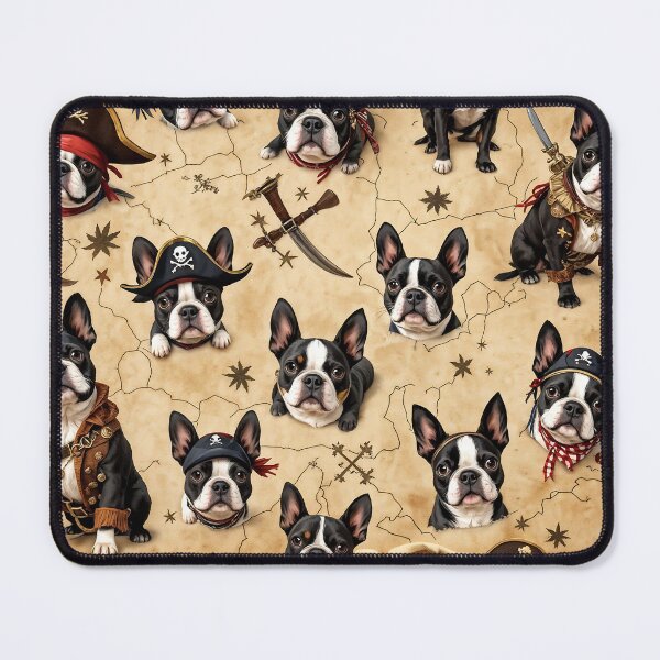 Item preview, A playful 3D pattern background featuring Boston Terriers dressed as pirates,set against a treasure map,ideal for adventurous pet-themed products. designed and sold by AlwaysHome.