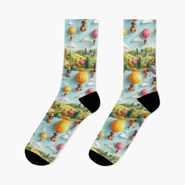 Item preview, A delightful 3D pattern background featuring Dachshunds in hot air balloons,floating over a colorful landscape,perfect for whimsical pet-themed designs. designed and sold by AlwaysHome.