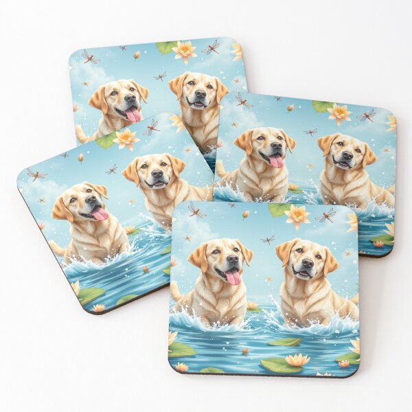 Item preview, A vibrant 3D pattern background showcasing Labrador Retrievers splashing in a lake,surrounded by lily pads and dragonflies,ideal for summer pet products. designed and sold by AlwaysHome.