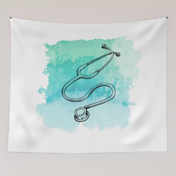 Item preview, Stethoscope, medical symbol for doctors and healthcare workers, green and blue watercolor designed and sold by Drawmecute.