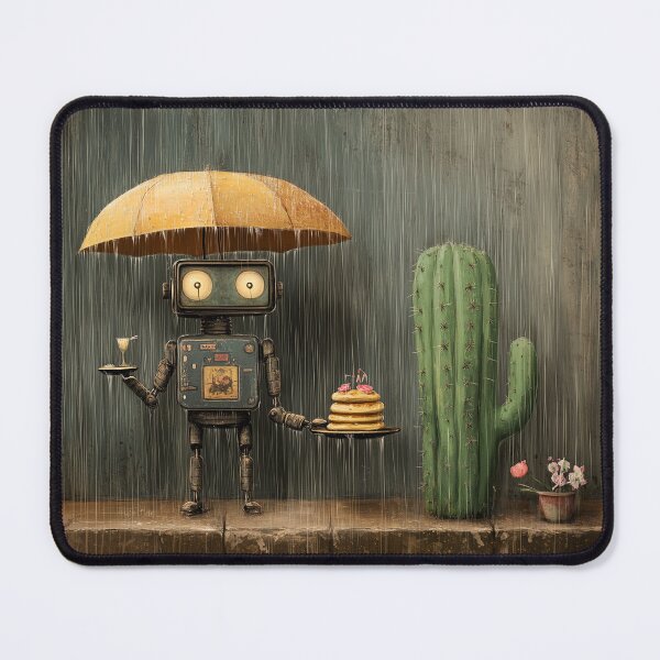 Item preview, robot holding pancake stand beside cactus with yellow umbrella while it's raining. designed and sold by zirconp.