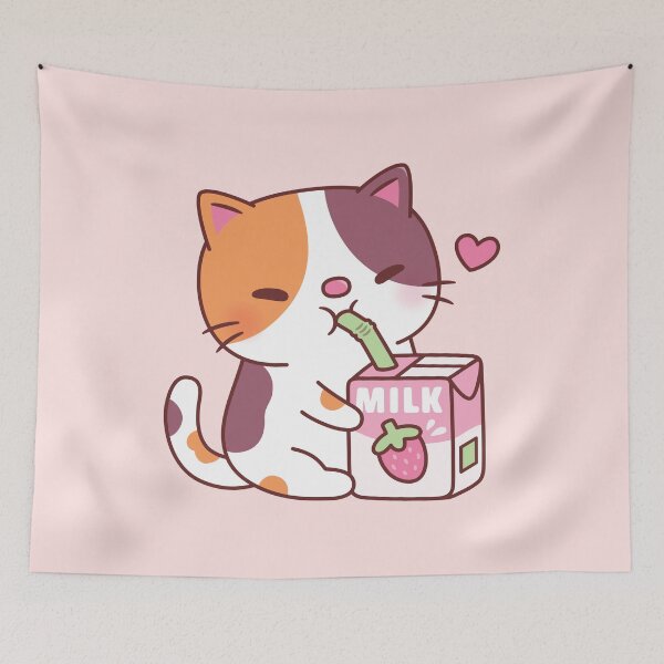 Item preview, Cute Calico Cat Loves Drinking Strawberry Milk designed and sold by rustydoodle.
