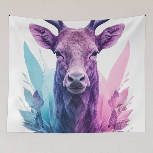 Aperçu de l'œuvre renne cerf multicolor ton roses et bleu entouré de vegetaux créée et vendue par s-flo-art.