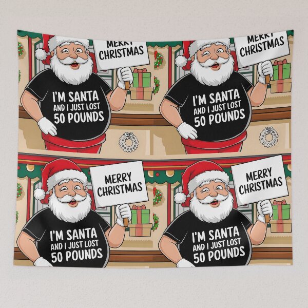Item preview, Funny modern Santa Claus in black tshirt has a text on it: I'm Santa and I just lost 50 pounds and holding a sing: merry Christmas digital illustration designed and sold by EmeraldeaDesign.