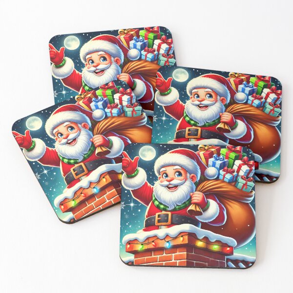 Item preview, Smiling Santa Claus cartoon while standing on chimney with a bag of gifts at xmas eve designed and sold by EmeraldeaDesign.
