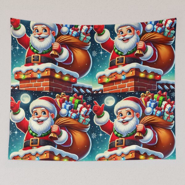 Item preview, Smiling Santa Claus cartoon while standing on chimney with a bag of gifts at xmas eve designed and sold by EmeraldeaDesign.