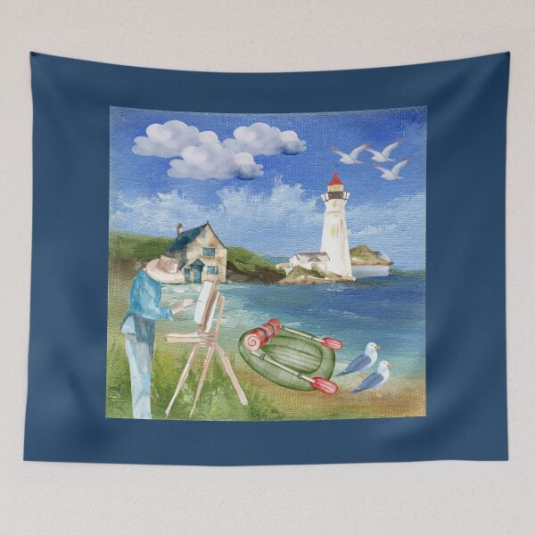 Item preview,  "Seaside Painting Scene with Lighthouse" designed and sold by Graphollio-shop.
