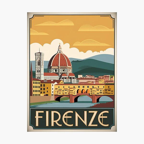 Aperçu de l'œuvre Affiche de voyage vintage Florence Italie – Firenze Retro Design minimal du Ponte Vecchio et de la cathédrale créée et vendue par pod24.