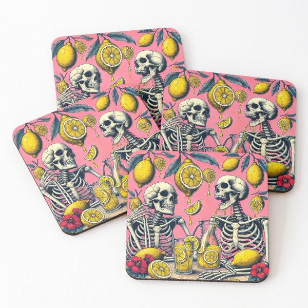 Item preview, Two Skeletons Enjoying Lemonade with Vibrant Lemons and Tropical Flowers on a Pink Background designed and sold by Negative Vibes Only.