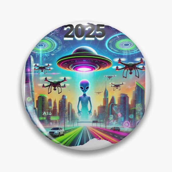 Item preview, Futuristic 2025 Poster – Aliens, Flying Saucers, Drones, and Artificial Intelligence word designed and sold by John-merou.