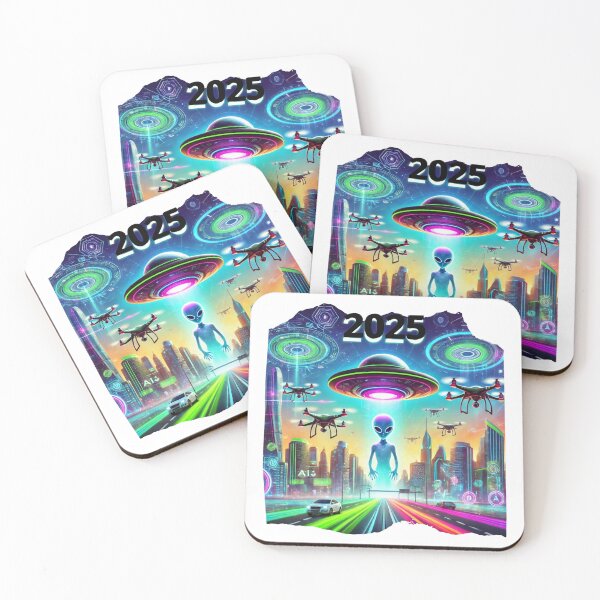 Item preview, Futuristic 2025 Poster – Aliens, Flying Saucers, Drones, and Artificial Intelligence word designed and sold by John-merou.