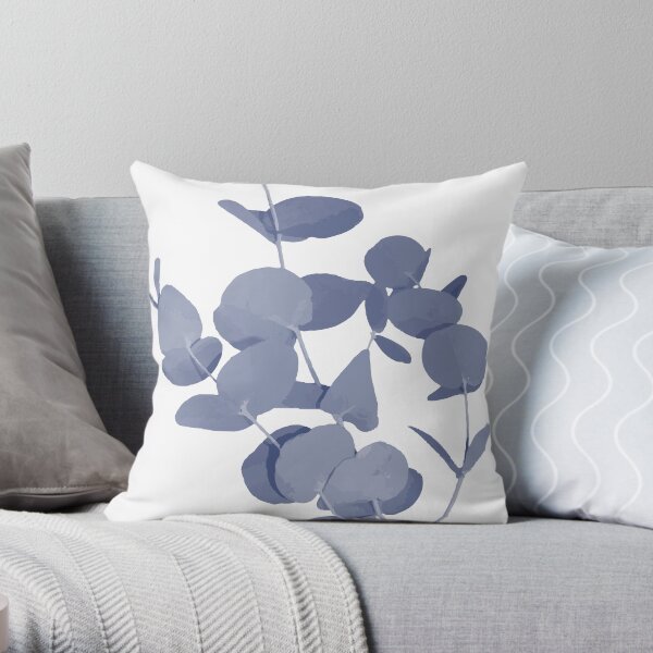 Mediterranean Indigo Blue and White Eucalyptus Leaves Print Throw Pillow
