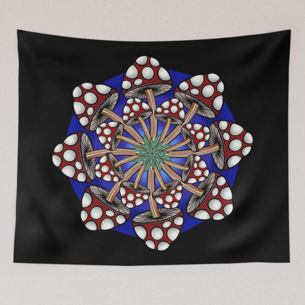 Item preview, Red Mushroom Mandala with blue background designed and sold by DaveDanchuk.