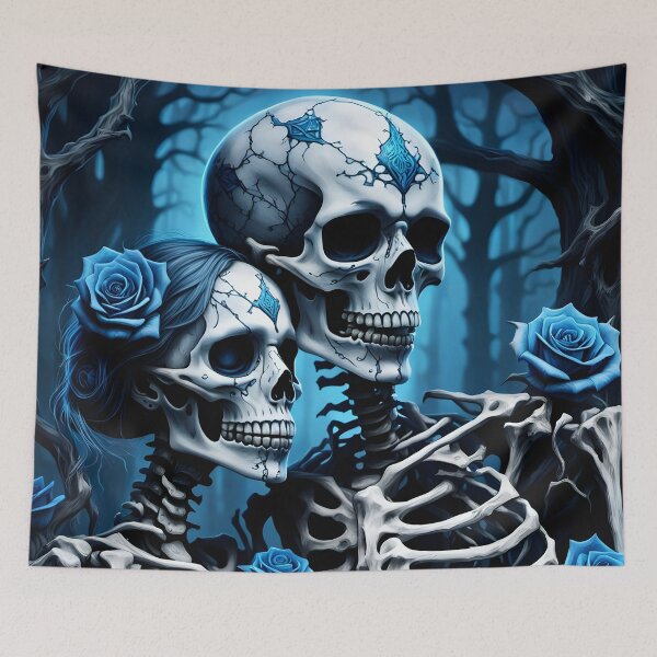 Item preview,  Skeleton couple with blue roses taking a selfie designed and sold by GothicRubette.