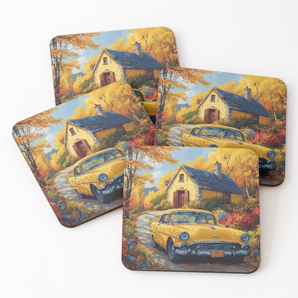 Item preview, Vintage yellow car and cottage in autumn scenery designed and sold by Artessie.