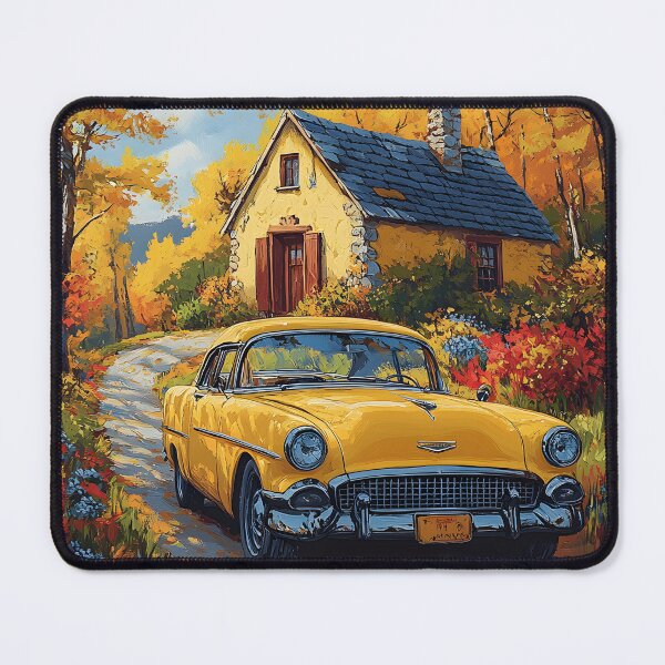 Item preview, Vintage yellow car and cottage in autumn scenery designed and sold by Artessie.