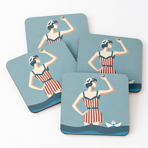 Item preview, Vintage Beach Lady in Red Striped Swimsuit Retro Illustration designed and sold by WeimTrails.