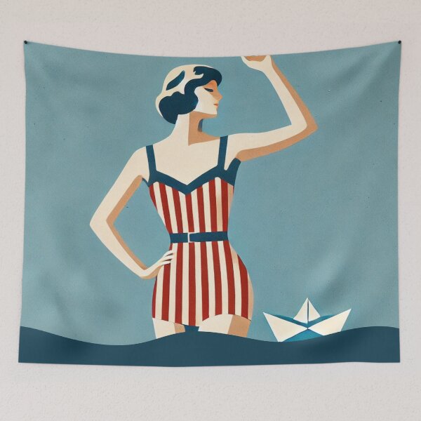 Item preview, Vintage Beach Lady in Red Striped Swimsuit Retro Illustration designed and sold by WeimTrails.
