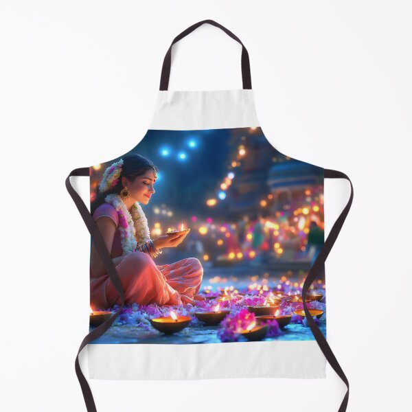 Item preview, Woman celebrating festival with glowing oil lamps. designed and sold by Artessie.