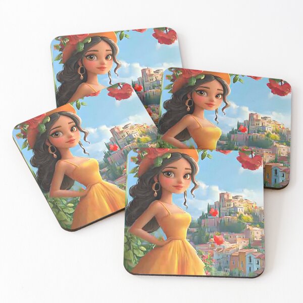 Item preview, Woman in orange dress amidst blooming roses and city designed and sold by Artessie.