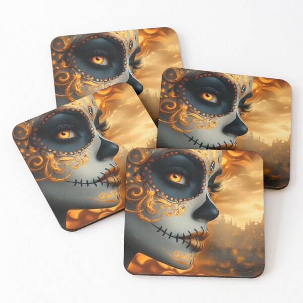 Item preview, Dramatic orange-hued face with ornate skull makeup designed and sold by Artessie.
