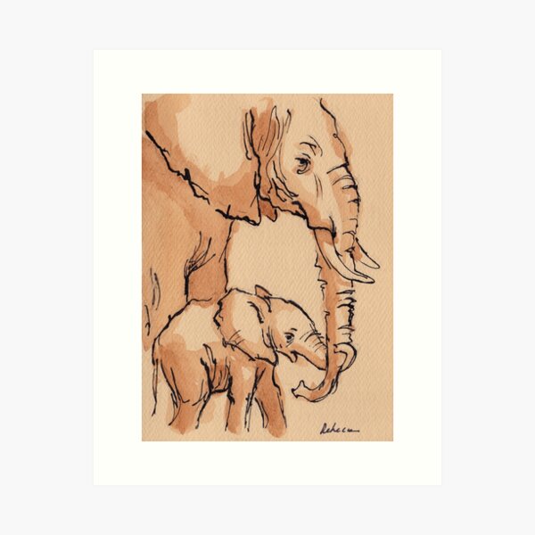 My Mama: Baby Elephant & Mama Watercolor Painting #12 Art Print