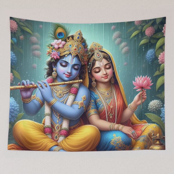 Item preview, Radha Krishna Sitting in Rain in Vrindavan Forest designed and sold by VrindaArts.