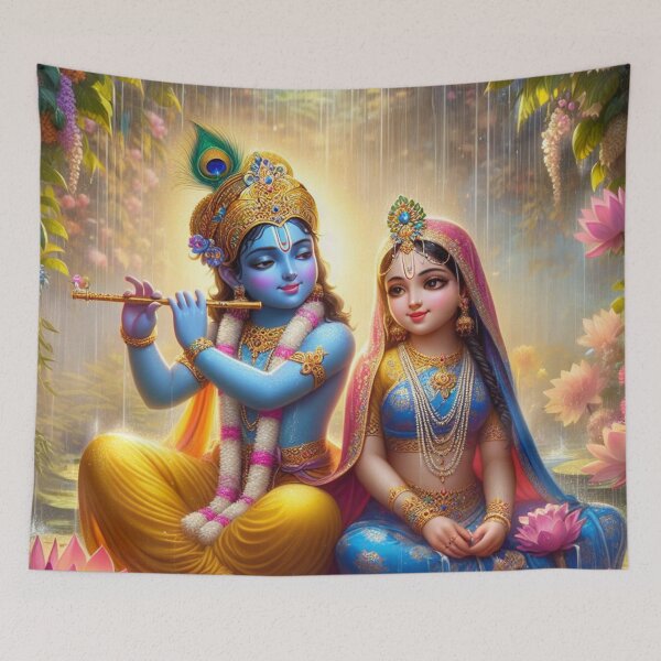 Item preview, Radha Krishna Sitting in Rain in Vrindavan Forest designed and sold by VrindaArts.