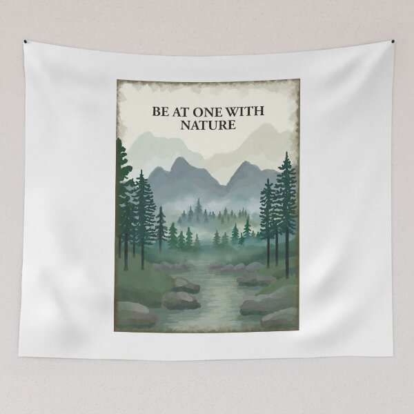 Item preview, Be at one with nature. misty forest, mountains, hills, river painting designed and sold by Scat the cat.