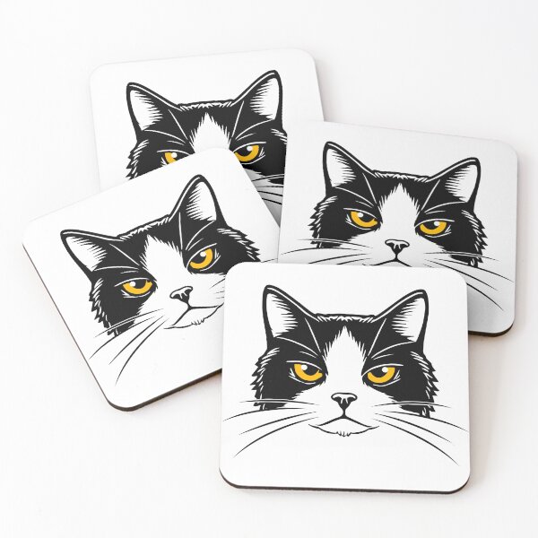 Item preview, Black and white Image of the head of a cat with yellow eyes.  designed and sold by Stef Ringoot, cartoons and illustrations.