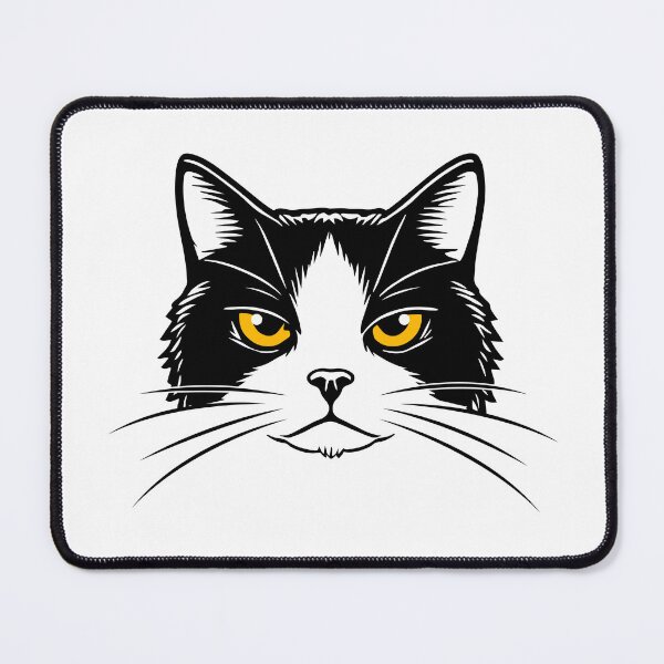 Item preview, Black and white Image of the head of a cat with yellow eyes. designed and sold by Stef Ringoot, cartoons and illustrations.