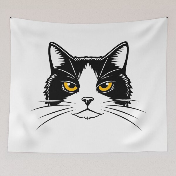 Item preview, Black and white Image of the head of a cat with yellow eyes.  designed and sold by Stef Ringoot, cartoons and illustrations.