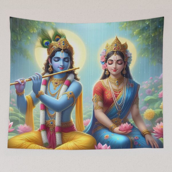 Item preview, Radha Krishna Sitting in Rain in Vrindavan Forest designed and sold by VrindaArts.