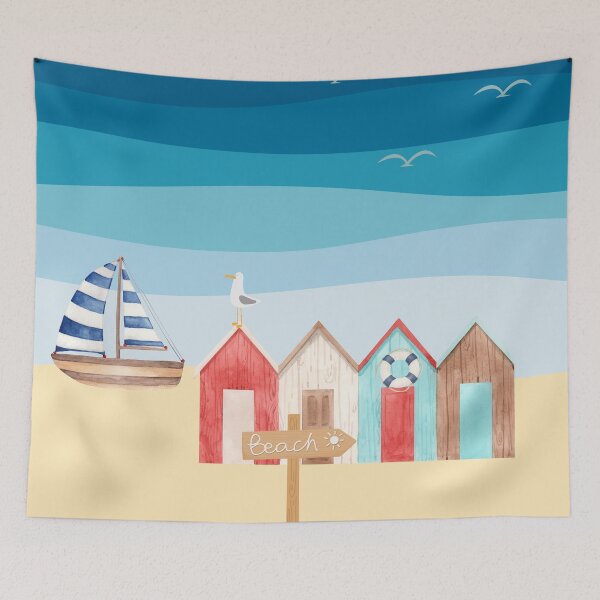 Item preview, Charming Beach Huts and Sailboat Coastal Illustration designed and sold by WeimTrails.