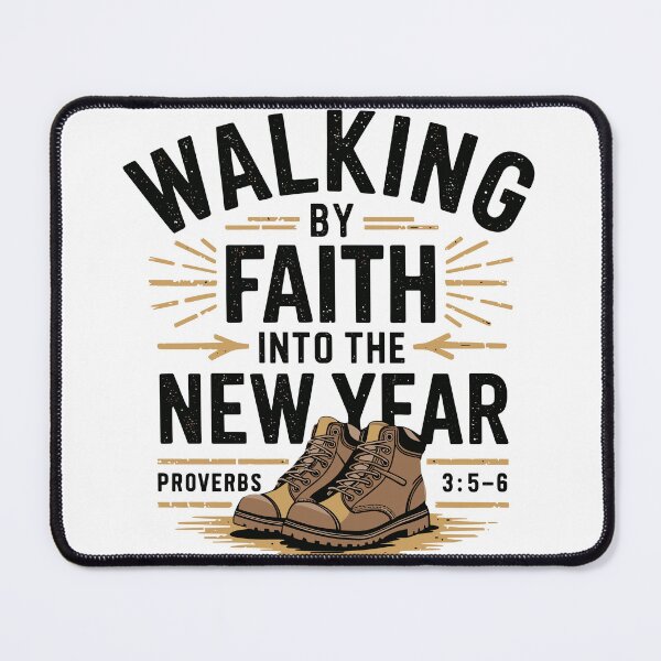 Item preview, Walking by Faith into the New Year | Christian Hiking Boots Adventure Design | Faith-Based Proverbs 3:5-6 Inspirational Art designed and sold by HahaHandlesHub.