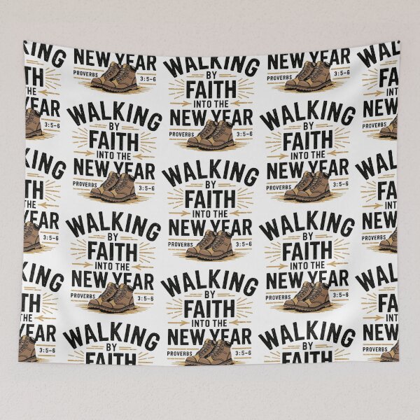 Item preview, Walking by Faith into the New Year | Christian Hiking Boots Adventure Design | Faith-Based Proverbs 3:5-6 Inspirational Art designed and sold by HahaHandlesHub.