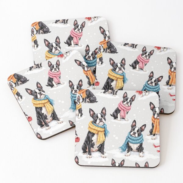 Item preview, A playful 3D pattern background featuring Boston Terriers in colorful scarves,playing in the snow,perfect for cheerful winter pet designs. designed and sold by AlwaysHome.