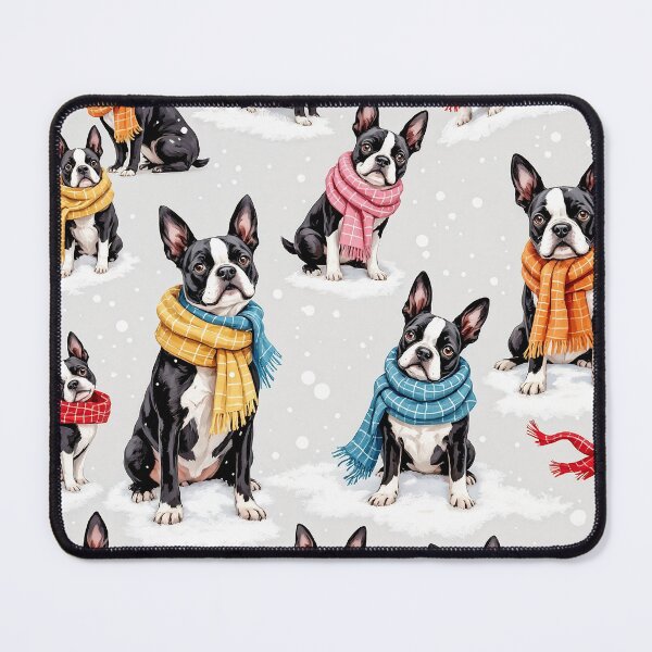 Item preview, A playful 3D pattern background featuring Boston Terriers in colorful scarves,playing in the snow,perfect for cheerful winter pet designs. designed and sold by AlwaysHome.