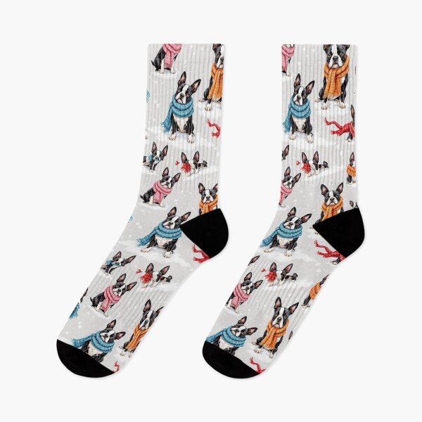 Item preview, A playful 3D pattern background featuring Boston Terriers in colorful scarves,playing in the snow,perfect for cheerful winter pet designs. designed and sold by AlwaysHome.